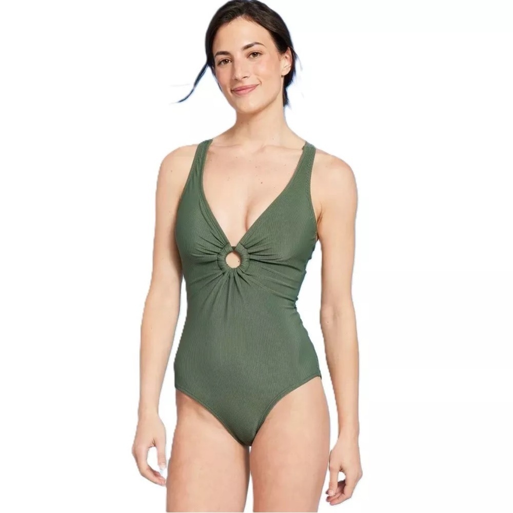 Shade & Shore Green One Piece Swimsuit with Plunging V-Neck